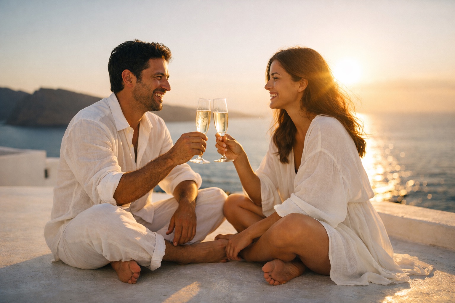 Couple enjoying romantic sunset at luxury destination